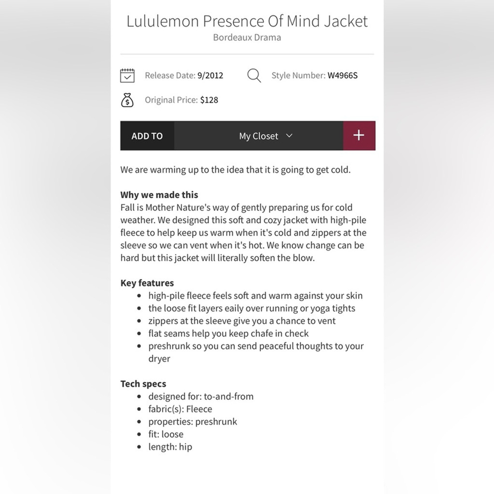 Lululemon presence of mind jacket size 4 in Bordeaux drama - Picture 5 of 13